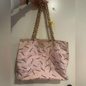 Authentic Chanel Tote Bag in Pink with gold chain